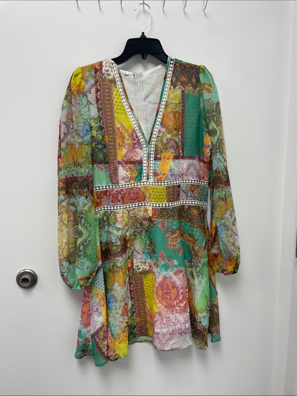 Patchwork V-Neck Long Sleeve Mini Dress - Multicolor